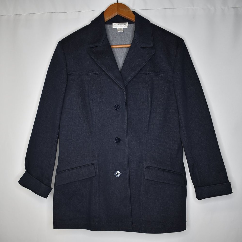 St. John Sport Marie Gray Women's Jacket Button Up Denim Navy Blue Faux Pockets